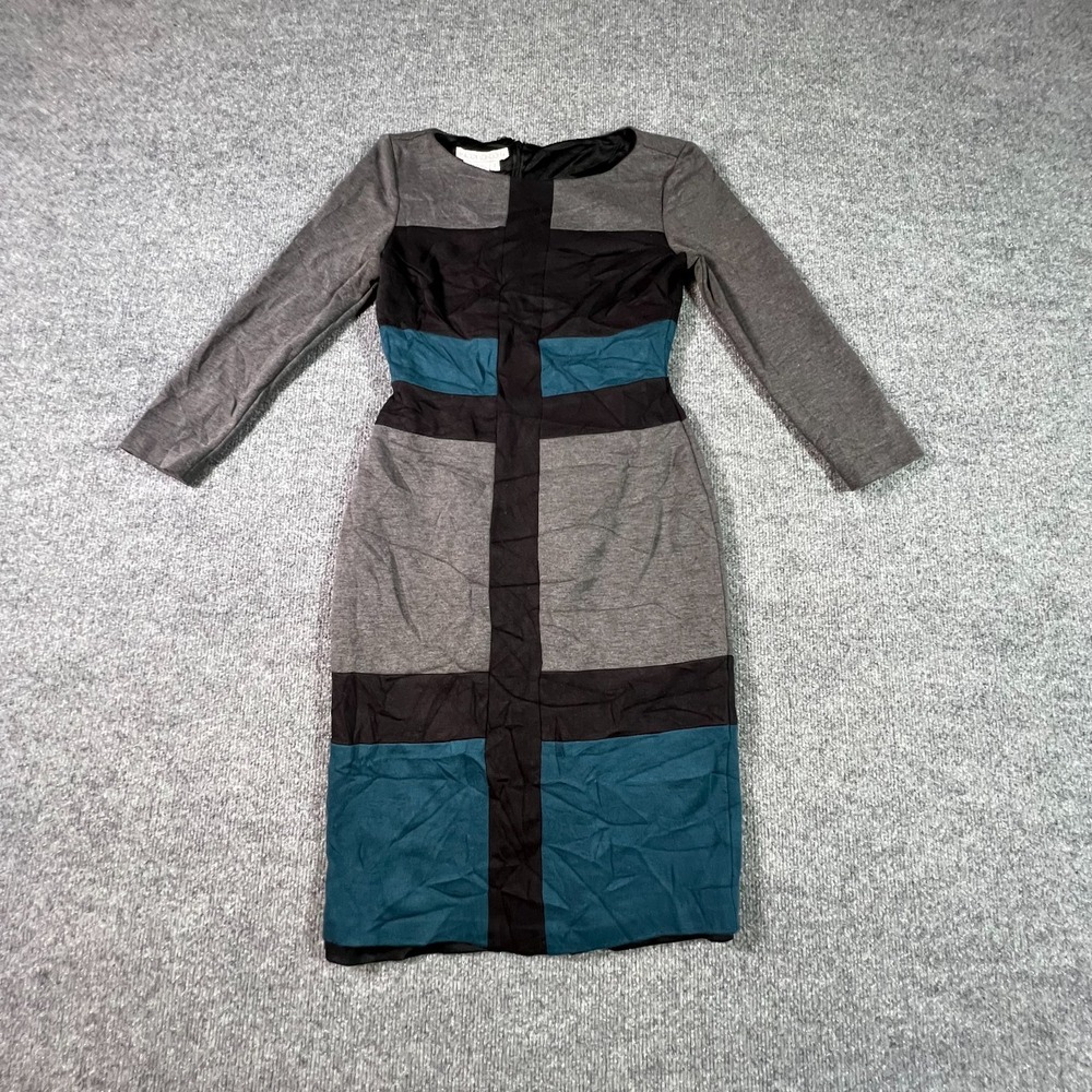 Maggy London Bodycon Dress Womens 2 Black Grey Colorblock Cocktail Midi Stretch